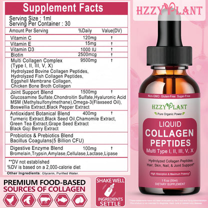 Liquid Collagen Peptides - Multi Collagen for Women Type I, II, III, V, X with Glucosamine, MSM, Hyaluronic Acid, High Absorption Hydrolyzed Collagen Peptides Drops for Skin Hair Nail & Joint, Non-GMO