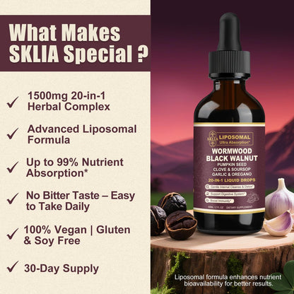 SKLIA 20-in-1 Liposomal Wormwood Black Walnut Cleanse for Humans Drops Liquid – Rapid Gut Cleanse & Digestive Support with Clove, Berberine, Garlic, Soursop, Slippery Elm, Oregano | Fast-Absorbing 1P