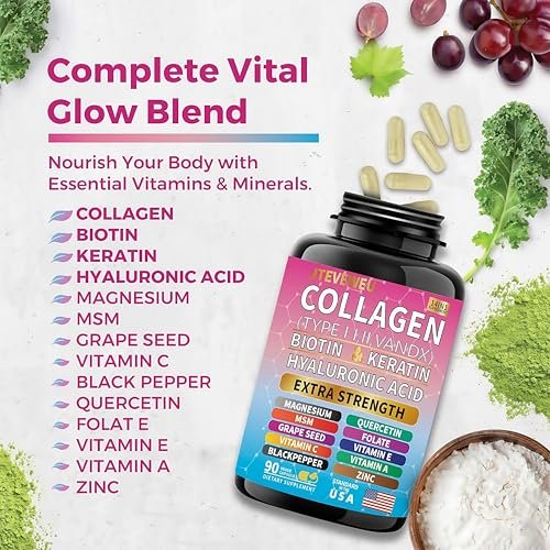 JTEVEweu Collagen Supplement - Types I, II, III, V & X, MCG Biotin, Keratin, Hyaluronic Acid, Zinc, Grape Seed Extract, Quercetin, Vitamin A, Vitamin C, Vitamin E, Magnesium, Folic Acid（90 Capsules） - görsel 4