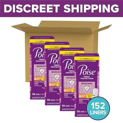 Poise Daily Microliners, Incontinence Panty Liners for Bladder Leaks, 1 Drop Lightest Absorbency, Long Length, 152 Count of Pantiliners (4 Packs of 38)