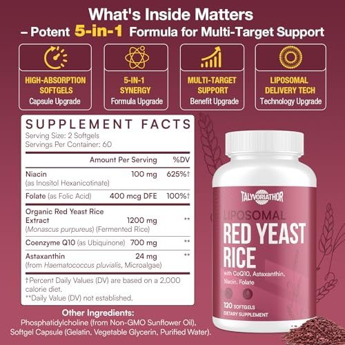 Talyvoriathor Liposomal Red Yeast Rice 1200mg with CoQ10 & Astaxanthin – Rice Yeast for Cholesterol – High Absorption – Citrinin-Free, 120 Softgels - görsel 5