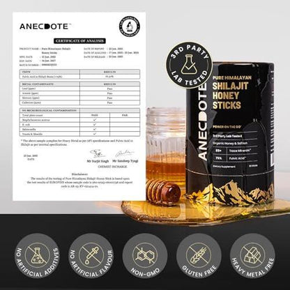 ANECDOTE Himalayan Shilajit Honey Sticks with Organic Honey & Saffron | Boosts Stamina | Supports Immunity | 75% Fulvic Acid, 85+ Trace Minerals | No Added Sugar | 30 Sticks