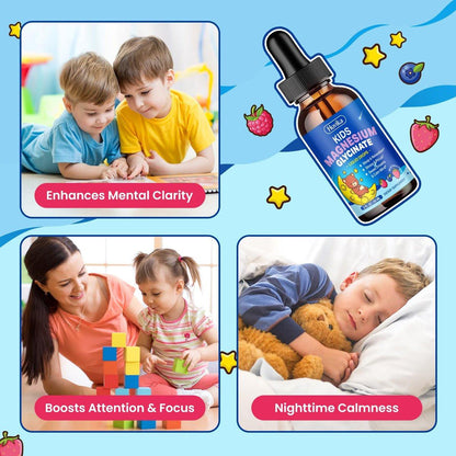 Magnesium Glycinate for Kids - Magnesium Glycinate Liquid Drops with L-Theanine Omega-3, Vitamin B6, D3, Zinc - Support Sleep, Relaxation, Calm & Focus - 2 Fl Oz, Mixed Berry Flavor