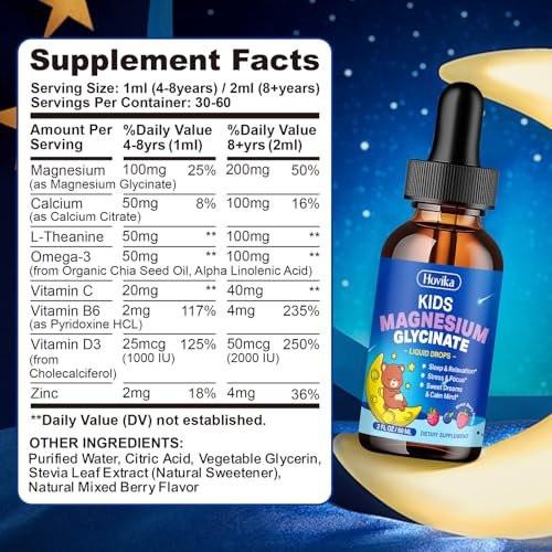 Magnesium Glycinate for Kids - Magnesium Glycinate Liquid Drops with L-Theanine Omega-3, Vitamin B6, D3, Zinc - Support Sleep, Relaxation, Calm & Focus - 2 Fl Oz, Mixed Berry Flavor - görsel 4