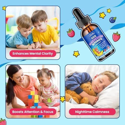 Magnesium Glycinate for Kids - Magnesium Glycinate Liquid Drops with L-Theanine Omega-3, Vitamin B6, D3, Zinc - Support Sleep, Relaxation, Calm & Focus - 2 Fl Oz, Mixed Berry Flavor