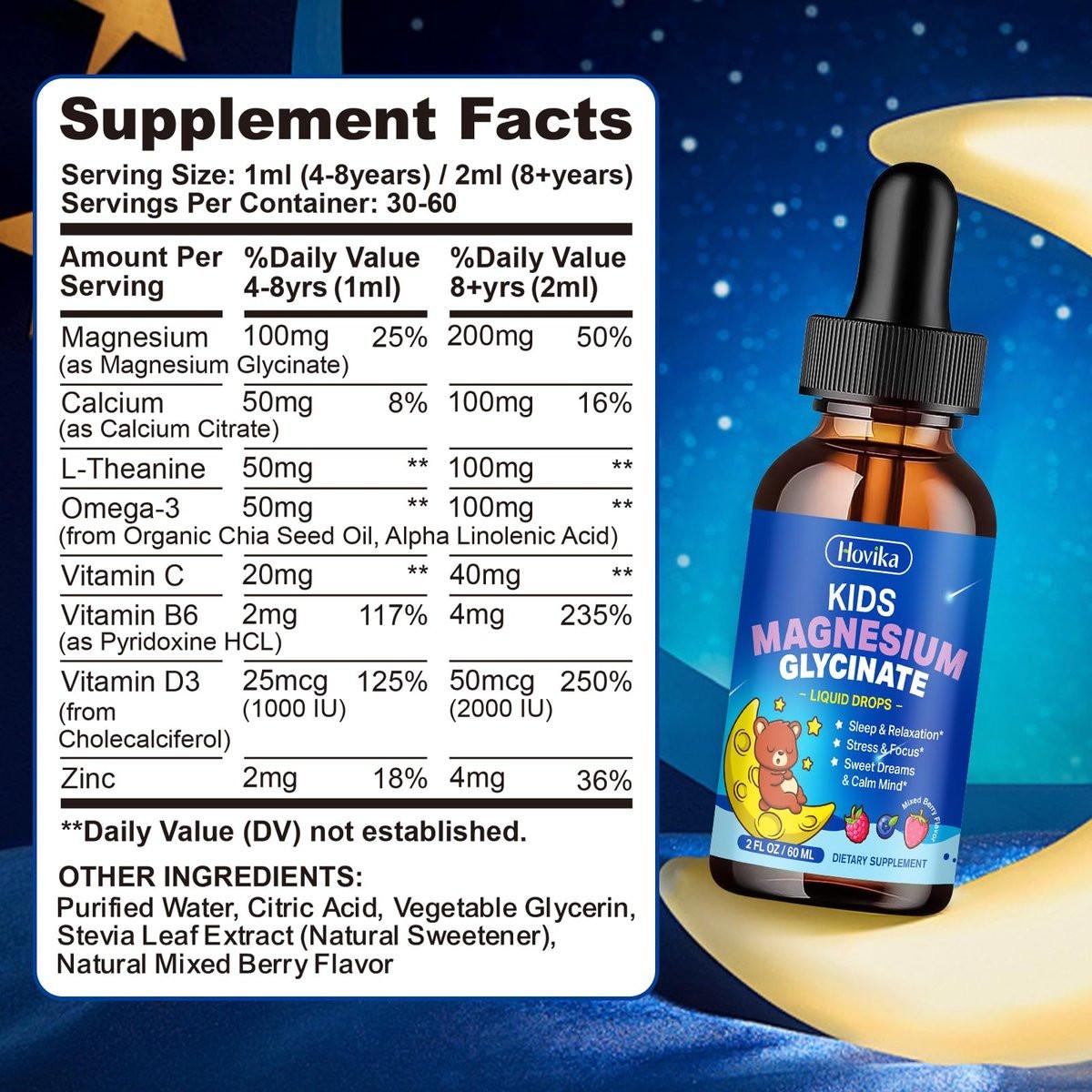 Magnesium Glycinate for Kids - Magnesium Glycinate Liquid Drops with L-Theanine Omega-3, Vitamin B6, D3, Zinc - Support Sleep, Relaxation, Calm & Focus - 2 Fl Oz, Mixed Berry Flavor - görsel 3