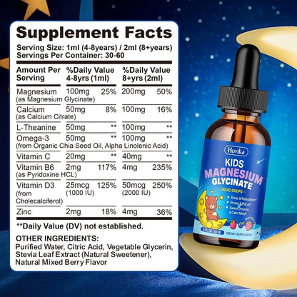 Magnesium Glycinate for Kids - Magnesium Glycinate Liquid Drops with L-Theanine Omega-3, Vitamin B6, D3, Zinc - Support Sleep, Relaxation, Calm & Focus - 2 Fl Oz, Mixed Berry Flavor