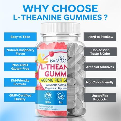 BVIVLOO L-Theanine Gummies with L-Theanine 400 mg, Ashwagandha, GABA, 5-HTP, Magnesium Glycinate for Calm, ZZZ & Relaxation Support - Vegan, Raspberry Flavor, 60 Count - görsel 14