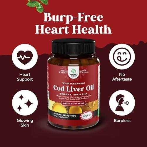 Icelandic Wild Caught Cod Liver Oil Softgels - Fish Omega 3, EPA, DHA, Vitamin D & A, 1000mg Per Serving - Burpless Capsules for Healthy Heart, Healthy Joints, Brain & Immune Support - 60 Count - görsel 6