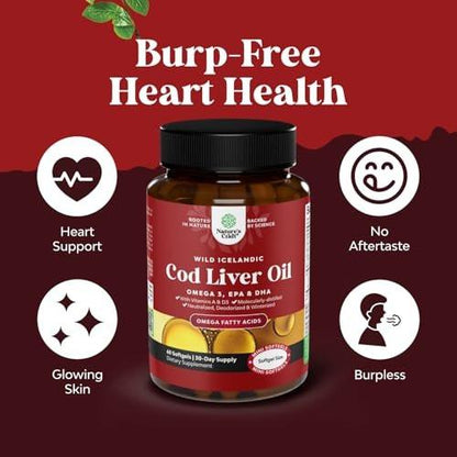 Icelandic Wild Caught Cod Liver Oil Softgels - Fish Omega 3, EPA, DHA, Vitamin D & A, 1000mg Per Serving - Burpless Capsules for Healthy Heart, Healthy Joints, Brain & Immune Support - 60 Count
