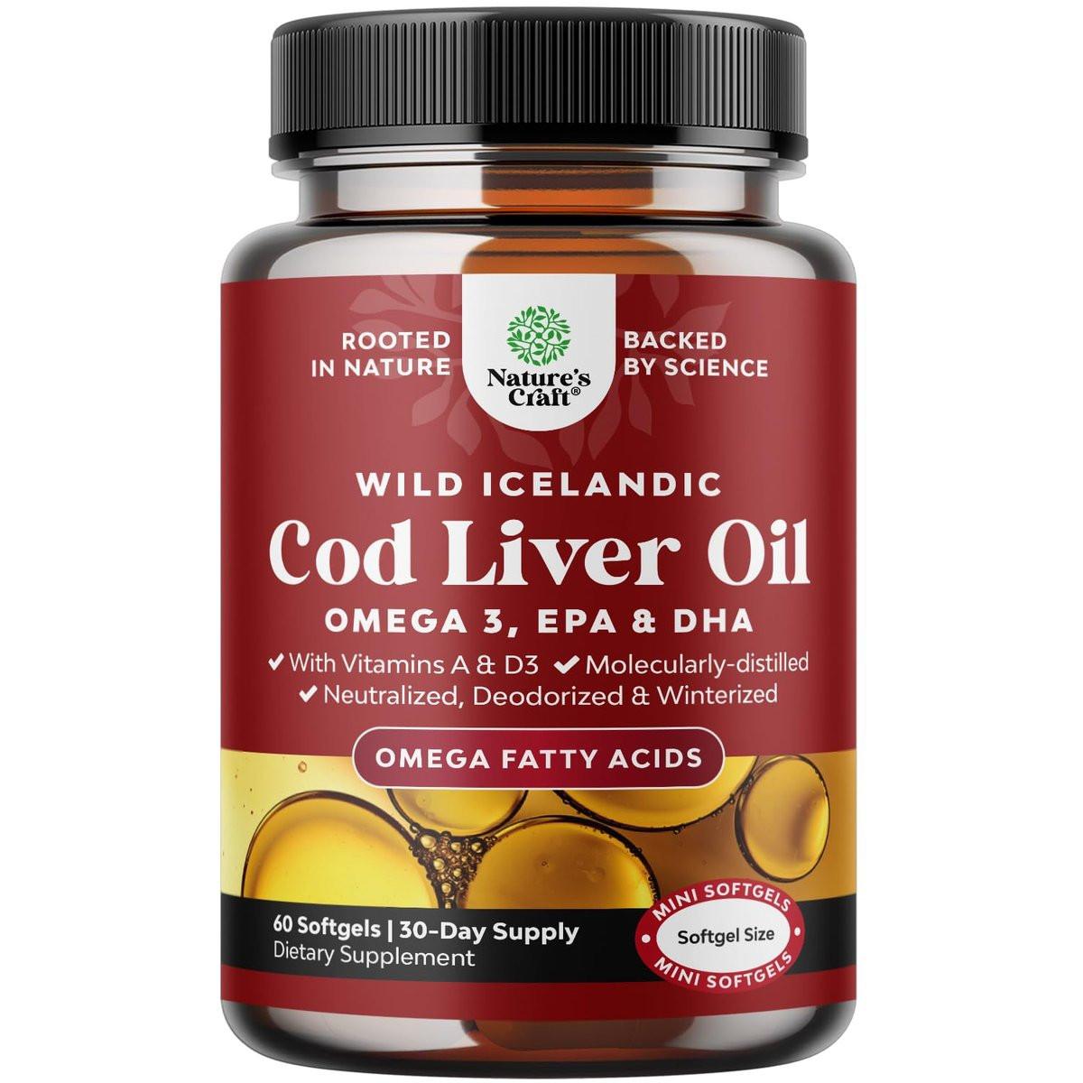 Icelandic Wild Caught Cod Liver Oil Softgels - Fish Omega 3, EPA, DHA, Vitamin D & A, 1000mg Per Serving - Burpless Capsules for Healthy Heart, Healthy Joints, Brain & Immune Support - 60 Count - görsel 1