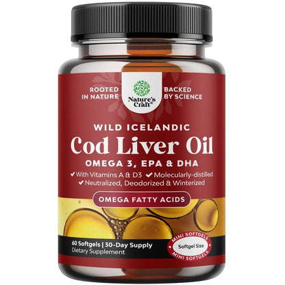 Icelandic Wild Caught Cod Liver Oil Softgels - Fish Omega 3, EPA, DHA, Vitamin D & A, 1000mg Per Serving - Burpless Capsules for Healthy Heart, Healthy Joints, Brain & Immune Support - 60 Count