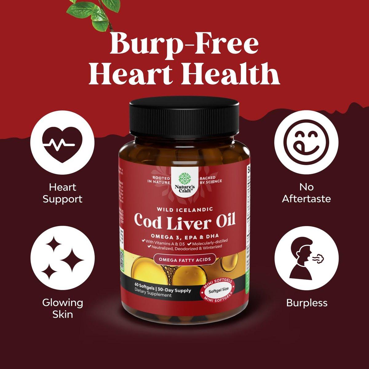 Icelandic Wild Caught Cod Liver Oil Softgels - Fish Omega 3, EPA, DHA, Vitamin D & A, 1000mg Per Serving - Burpless Capsules for Healthy Heart, Healthy Joints, Brain & Immune Support - 60 Count - görsel 5
