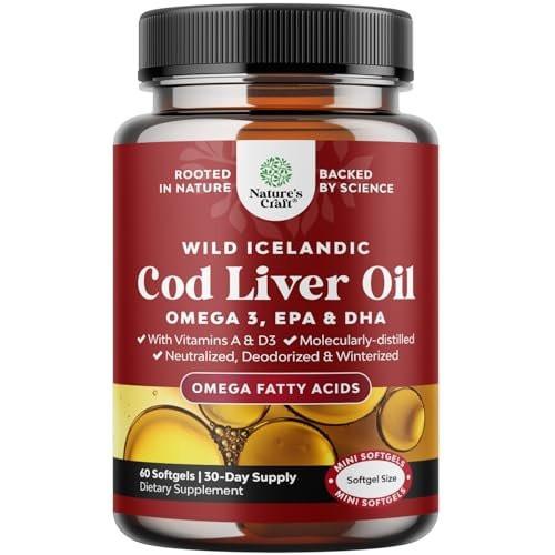 Icelandic Wild Caught Cod Liver Oil Softgels - Fish Omega 3, EPA, DHA, Vitamin D & A, 1000mg Per Serving - Burpless Capsules for Healthy Heart, Healthy Joints, Brain & Immune Support - 60 Count - görsel 2