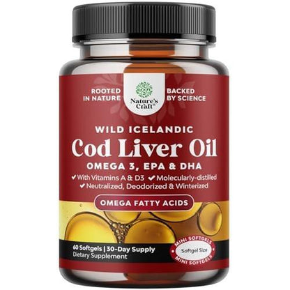 Icelandic Wild Caught Cod Liver Oil Softgels - Fish Omega 3, EPA, DHA, Vitamin D & A, 1000mg Per Serving - Burpless Capsules for Healthy Heart, Healthy Joints, Brain & Immune Support - 60 Count