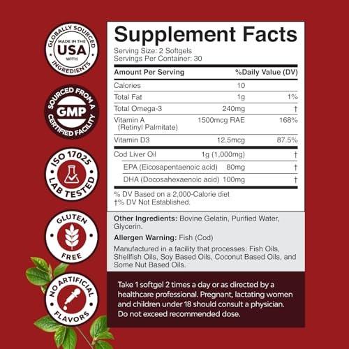 Icelandic Wild Caught Cod Liver Oil Softgels - Fish Omega 3, EPA, DHA, Vitamin D & A, 1000mg Per Serving - Burpless Capsules for Healthy Heart, Healthy Joints, Brain & Immune Support - 60 Count - görsel 16