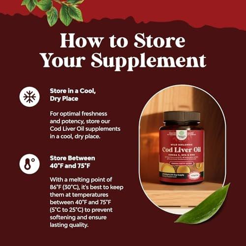 Icelandic Wild Caught Cod Liver Oil Softgels - Fish Omega 3, EPA, DHA, Vitamin D & A, 1000mg Per Serving - Burpless Capsules for Healthy Heart, Healthy Joints, Brain & Immune Support - 60 Count - görsel 4