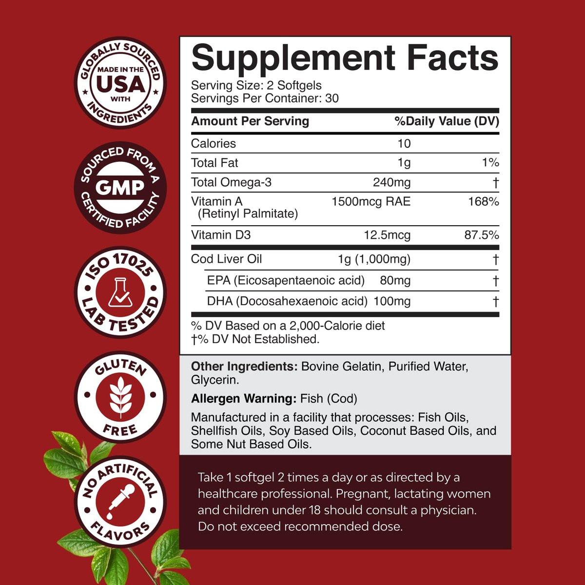 Icelandic Wild Caught Cod Liver Oil Softgels - Fish Omega 3, EPA, DHA, Vitamin D & A, 1000mg Per Serving - Burpless Capsules for Healthy Heart, Healthy Joints, Brain & Immune Support - 60 Count - görsel 15