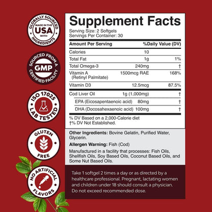 Icelandic Wild Caught Cod Liver Oil Softgels - Fish Omega 3, EPA, DHA, Vitamin D & A, 1000mg Per Serving - Burpless Capsules for Healthy Heart, Healthy Joints, Brain & Immune Support - 60 Count