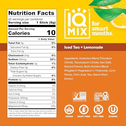 IQMIX Hydration Electrolyte Powder – 4-in-1 Formula for Hydration, Mental Clarity, Mood and Recovery – Sugar-Free Drink Mix, Keto, Magnesium L-Threonate, Lion’s Mane – 20 Count New Iced Tea Lemonade - görsel 4