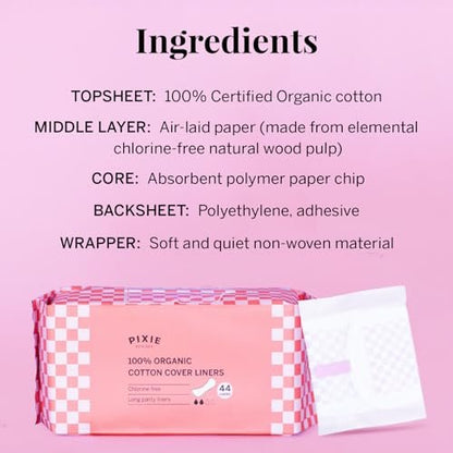 Pixie Organic Cotton Panty Liners for Women - Long Wrapped Pantiliners - Light Absorbency & Ultra-Thin - Leak-Proof, Hypoallergenic & Unscented for Feminine Care - Compostable - 44 Count