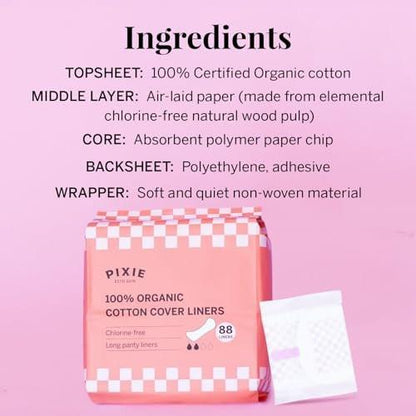 Pixie Organic Cotton Panty Liners for Women - Long Wrapped Pantiliners - Light Absorbency & Ultra-Thin - Leak-Proof, Hypoallergenic & Unscented for Feminine Care - Compostable - 88 Count