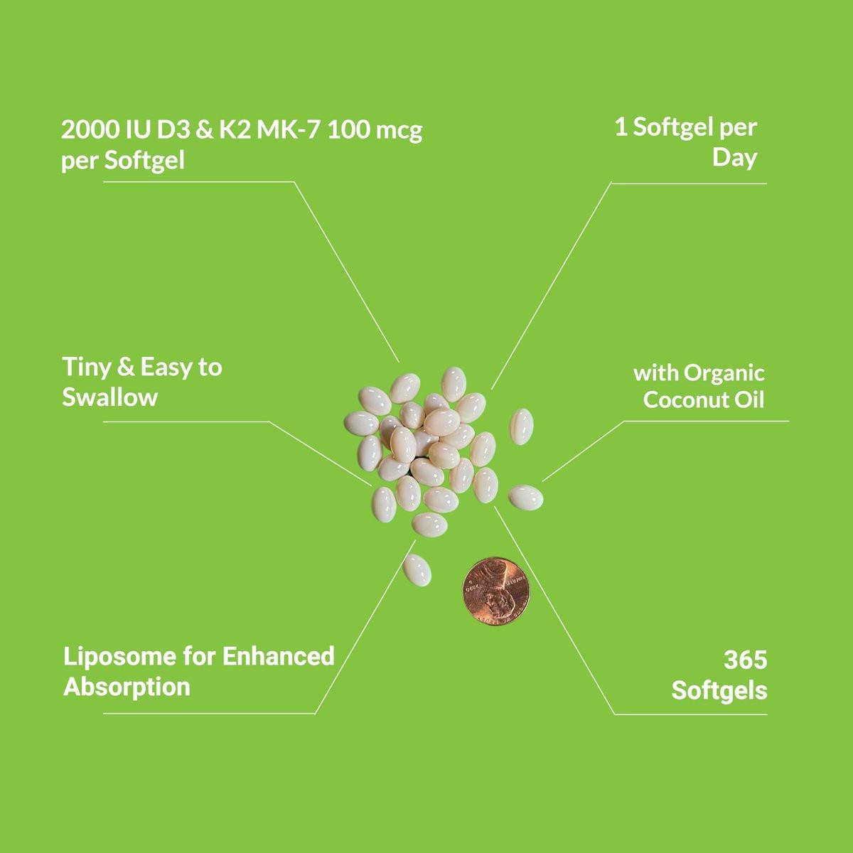 UpNourish Liposomal Vitamin D3 K2 2000 IU with K2 MK-7 100 mcg - 365 Vitamin D3 k2 (Vitamina D3 con K2) Mini Softgels with Organic Coconut Oil - Easy to Swallow K2 D3 Vitamin Supplement - görsel 5