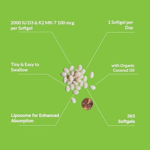 UpNourish Liposomal Vitamin D3 K2 2000 IU with K2 MK-7 100 mcg - 365 Vitamin D3 k2 (Vitamina D3 con K2) Mini Softgels with Organic Coconut Oil - Easy to Swallow K2 D3 Vitamin Supplement - görsel 6