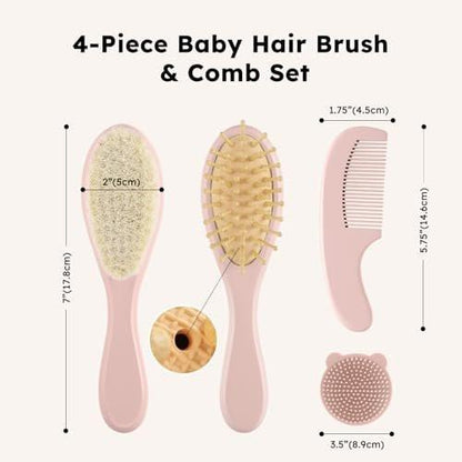 Yoofoss 4 Piece Baby Hair Brush and Comb Set, Wooden Baby Hair Brush with Natural Ultra Soft Goat Hair, Baby Comb Set for Boy, Girl - Pink