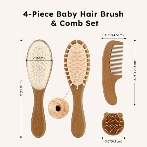 Yoofoss 4 Piece Baby Hair Brush and Comb Set, Wooden Baby Hair Brush with Natural Ultra Soft Goat Hair, Baby Comb Set for Boy, Girl - Walnut - görsel 1