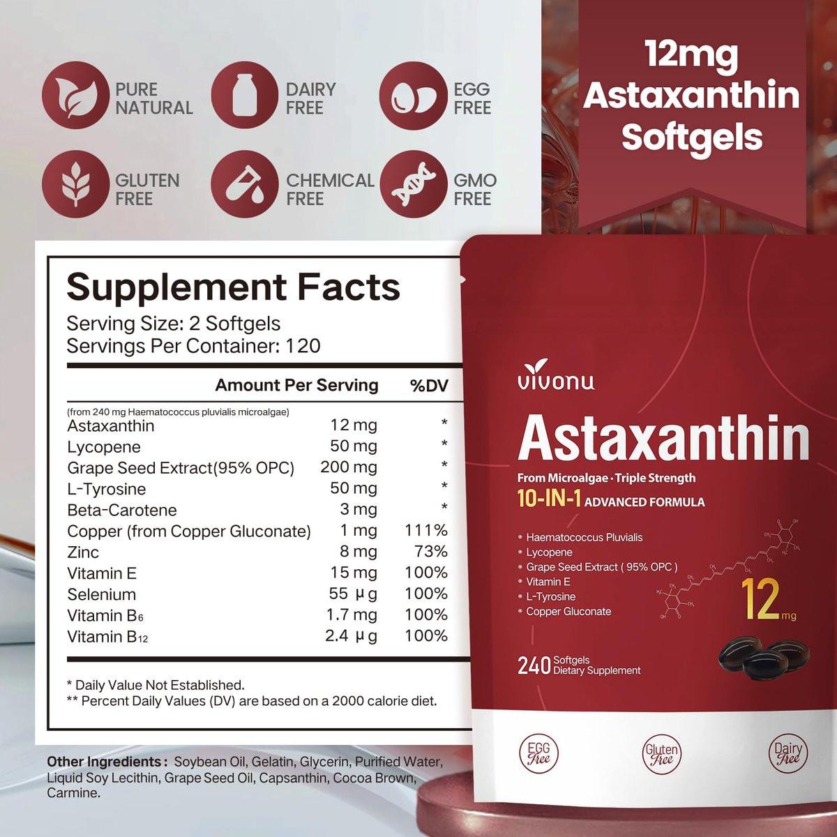 10 in 1 Astaxanthin 12mg Supplements, 4 Month Supply, Astaxantina Antioxidant from Fresh Haematococcus Pluvialis, Contains Lycopene, Grape Seed, Vitamin E, & More Supports Eye, Joints, Skin Health - görsel 1