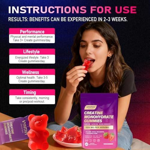 VYHTHY Creatine Monohydrate Gummies – with Collagen, BCAAs, L-Glutamine, Biotin, Zinc, Vitamin D3 & Hyaluronic Acid – Daily Pre & Post Workout Recovery, Sugar-Free (60 Gummies) - görsel 4