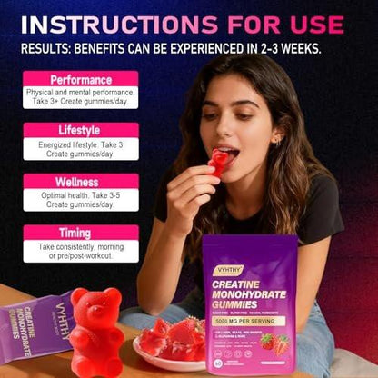 VYHTHY Creatine Monohydrate Gummies – with Collagen, BCAAs, L-Glutamine, Biotin, Zinc, Vitamin D3 & Hyaluronic Acid – Daily Pre & Post Workout Recovery, Sugar-Free (60 Gummies)