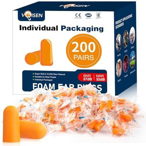 VOISEN Foam Ear Plugs, 200 Pairs Earplugs for Sleeping, 32dB NRR 37dB SNR Ear Plug Noise Cancelling for Snoring, Studying, Traveling & Concerts, Individual Package - görsel 5