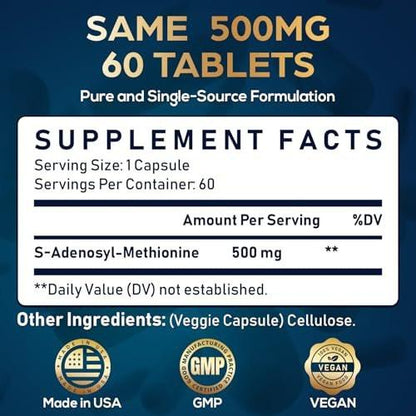 Quorinthiumax SAM e Supplement 500mg - Extra Strength SAM-e (S-Adenosylmethionine) for Mood, Liver & Joint | 25% More Potent Than 400mg SAM-e | Vegan | 60 Medical Blister Pack Capsules