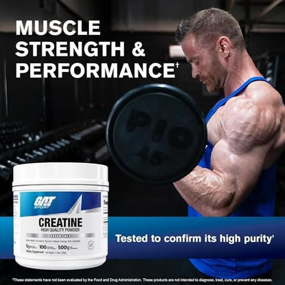 GAT SPORT Creatine Monohydrate 500 Gram Powder, Strength, Brain Health, Anti-oxidant, Endurance, for Men & Women, Unflavored, 100 Servings