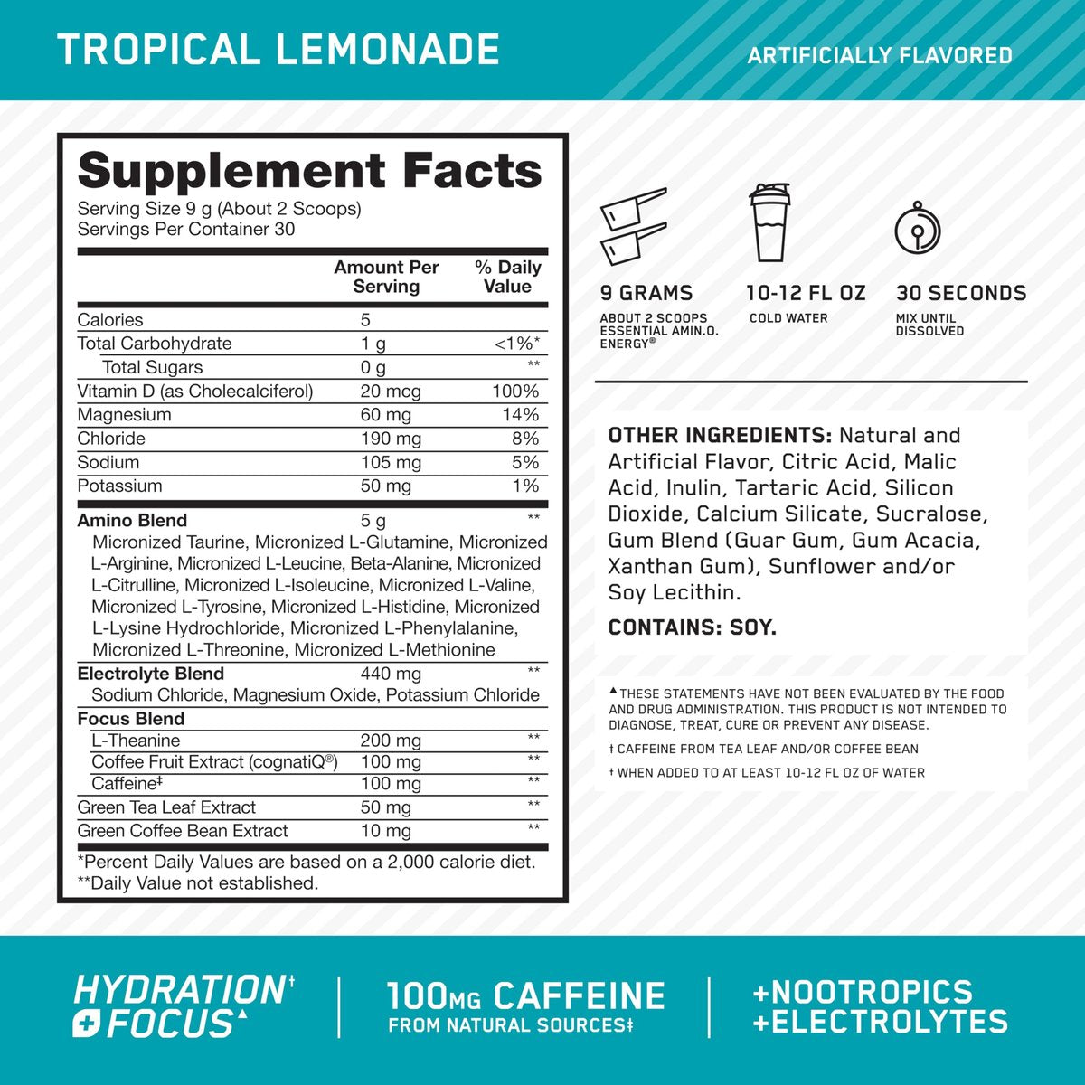 Optimum Nutrition Amino Energy Powder Plus Focus, with BCAA, Electrolytes, and Caffeine, Tropical Lemonade, 30 Servings (Packaging May Vary) - görsel 4