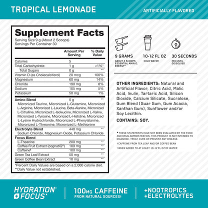 Optimum Nutrition Amino Energy Powder Plus Focus, with BCAA, Electrolytes, and Caffeine, Tropical Lemonade, 30 Servings (Packaging May Vary)