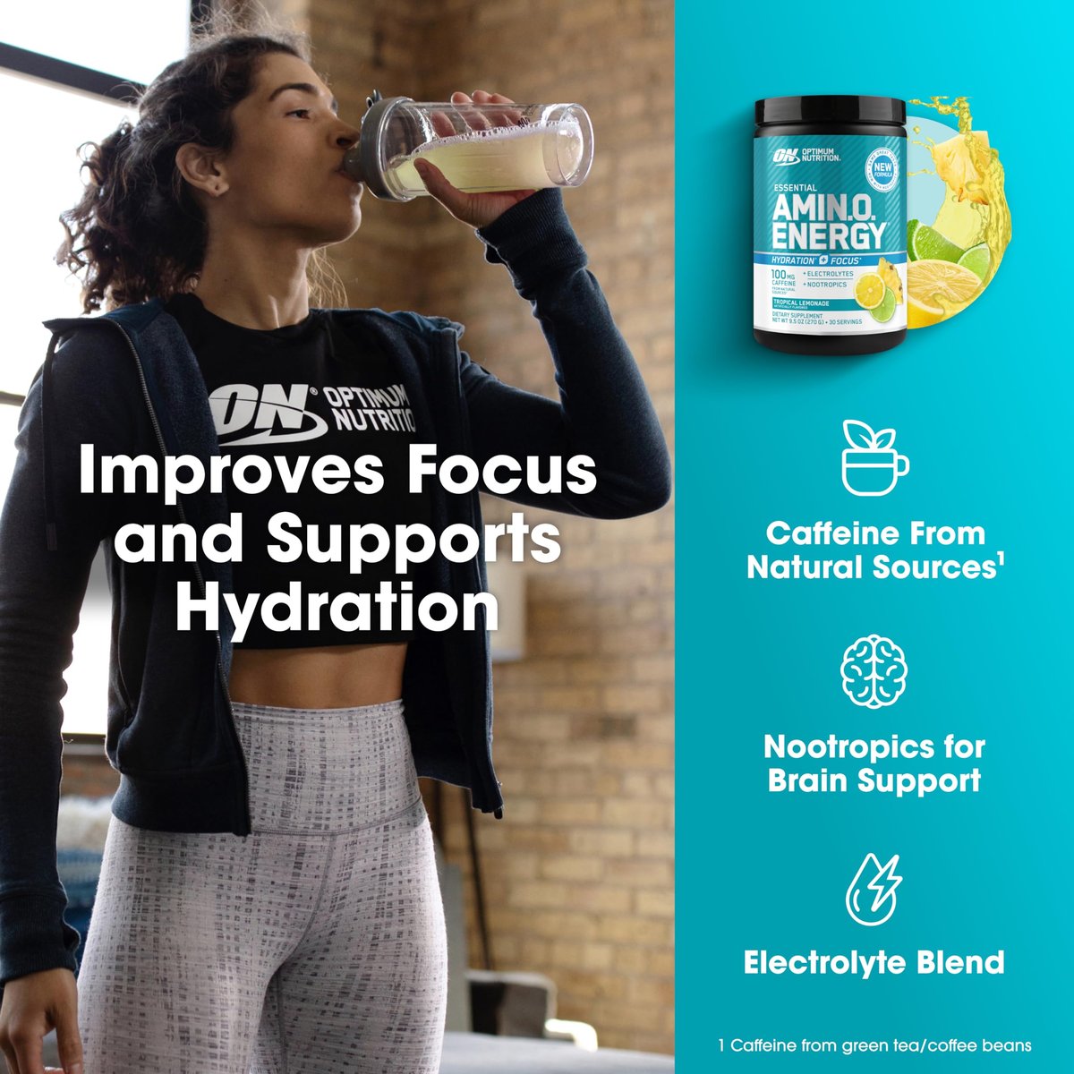 Optimum Nutrition Amino Energy Powder Plus Focus, with BCAA, Electrolytes, and Caffeine, Tropical Lemonade, 30 Servings (Packaging May Vary) - görsel 16