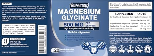 DRFOSTER Magnesium Glycinate 500mg with Zinc & Vitamin D3, High Absorption Chelated Magnesium Glycinate Supplements for Sleep, Muscle & Bone Support, Leg Cramps Comfort, Non-GMO - 120 Veggie Capsules - görsel 3