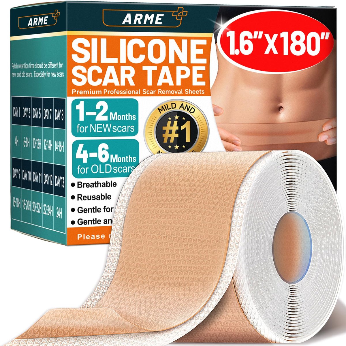 Arme Silicone Scar Tape, Silicone Scar Sheets for Surgical Scars (1.6"x180" Roll-4.6M), Medical Grade Scar Tape Reusable Sheets for Scar Treatment, Soft Scars Tapes for C-Section Keloid Tummy Tuck - görsel 14