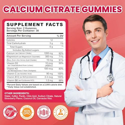 Calcium Citrate Gummies - 1200mg Calcium Gummies Supplements for Women & Men with Vitamin D3, K2, Magnesium, Zinc High Absorption for Bone, Muscle & Immune Support, Strawberry Flavor, 120 Count