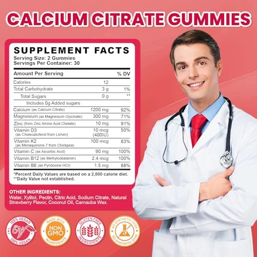 Calcium Citrate Gummies - 1200mg Calcium Gummies Supplements for Women & Men with Vitamin D3, K2, Magnesium, Zinc High Absorption for Bone, Muscle & Immune Support, Strawberry Flavor, 120 Count - görsel 9