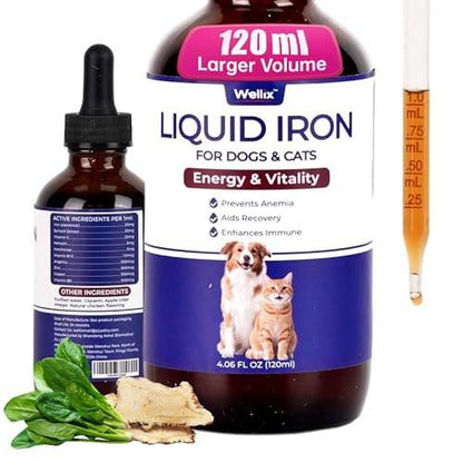 4oz Liquid Iron Supplement for Cats & Dogs - Vitamin B12 & C - Cat Anemia Supplements, Hemoglobin Support, Lethargy, Pregnant Cat & Dog Essentials, Kitten & Puppy Supplements - Large Volume