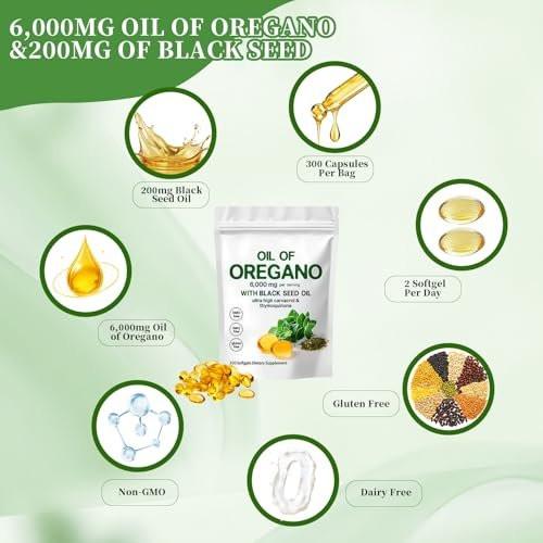 YATIME Oil of Oregano with Black Seed Oil, 2-in-1 Oregano Oil Capsules Organic, 6000mg Per Serving, 300 Softgels, 4X Strength Carvacrol & Thymoquinone, Non-GMO, Gluten Free & Immune Support - görsel 6