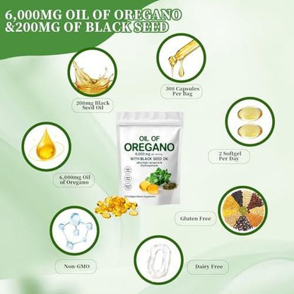YATIME Oil of Oregano with Black Seed Oil, 2-in-1 Oregano Oil Capsules Organic, 6000mg Per Serving, 300 Softgels, 4X Strength Carvacrol & Thymoquinone, Non-GMO, Gluten Free & Immune Support
