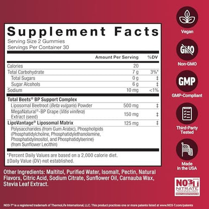 Force Factor Total Beets Gummies, Blood Pressure Support, Liposomal Beet Powder for Superior Absorption, Grape Seed for Nitric Oxide, Circulation & Heart Health, Sugar Free, Mixed Berry, 60 Gummies