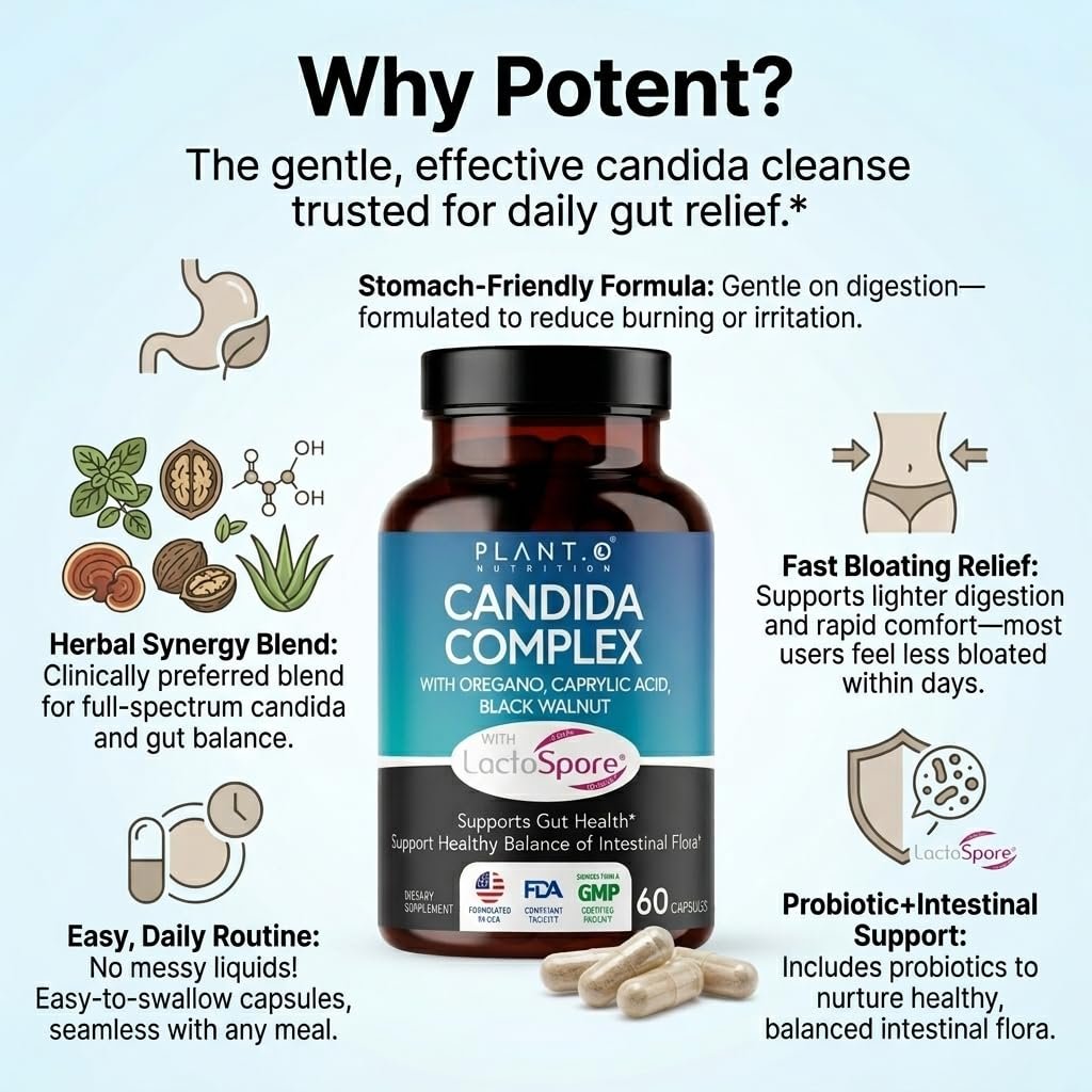 Candida Cleanse Supplement & Yeast Support with Probiotics (LactoSpore®), Oregano Oil, Caprylic Acid, Black Walnut – Advanced Gut Health, Digestive Enzymes, pH Balance for Women and Men – 60 Capsules - görsel 9