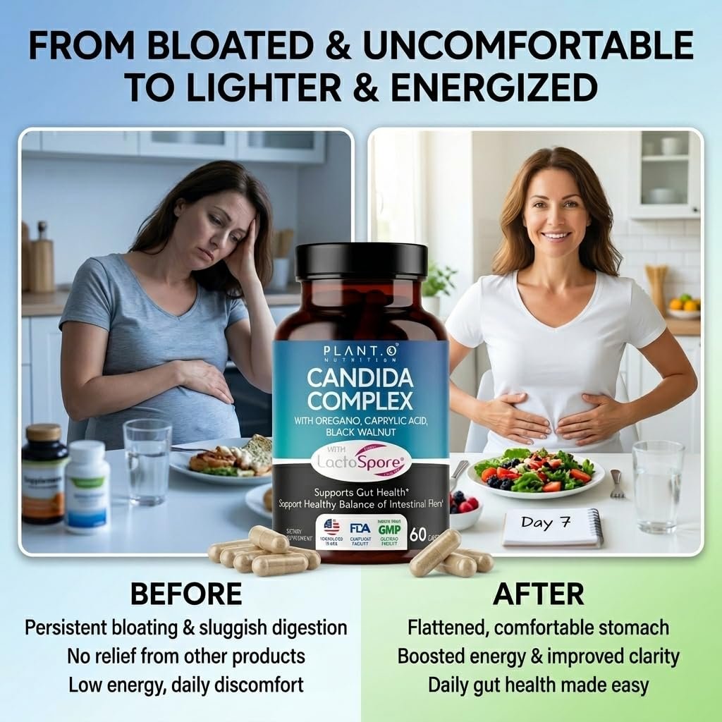 Candida Cleanse Supplement & Yeast Support with Probiotics (LactoSpore®), Oregano Oil, Caprylic Acid, Black Walnut – Advanced Gut Health, Digestive Enzymes, pH Balance for Women and Men – 60 Capsules - görsel 5