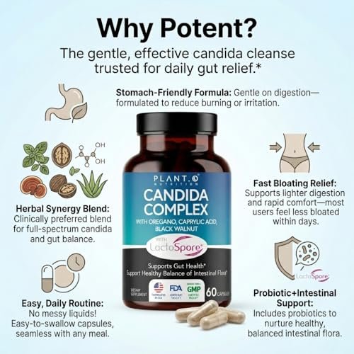 Candida Cleanse Supplement & Yeast Support with Probiotics (LactoSpore®), Oregano Oil, Caprylic Acid, Black Walnut – Advanced Gut Health, Digestive Enzymes, pH Balance for Women and Men – 60 Capsules - görsel 10